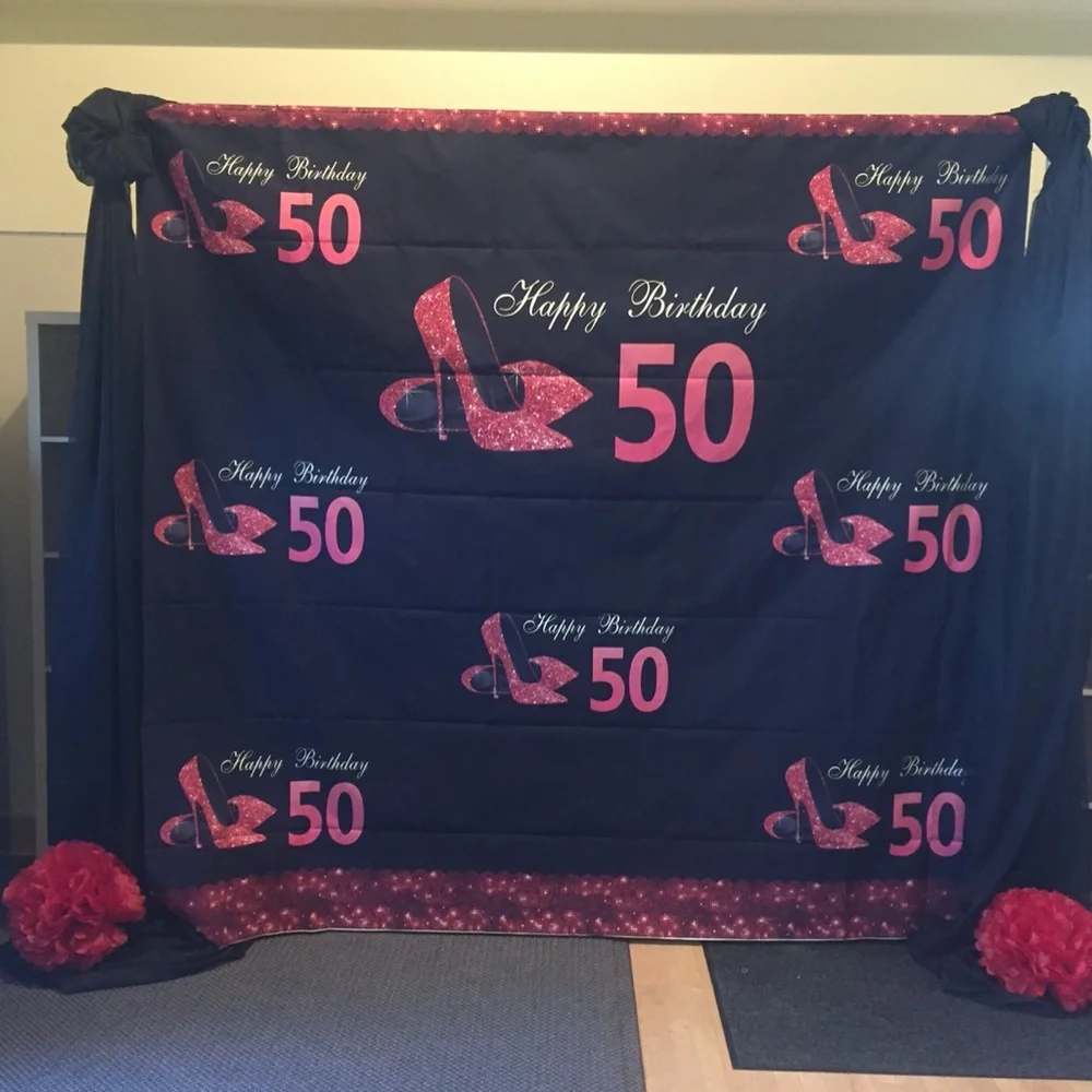 50th Birthday Photo Backdrop Red High Heels 8x8Ft